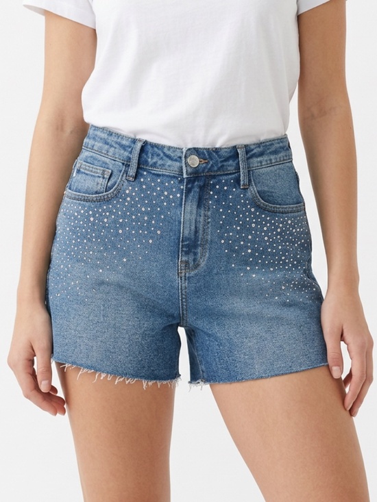 Judy Blue Pants - Judy Blue • Rhinestone High Rise Denim Shorts L Light Wash Frayed Hem Stretch
